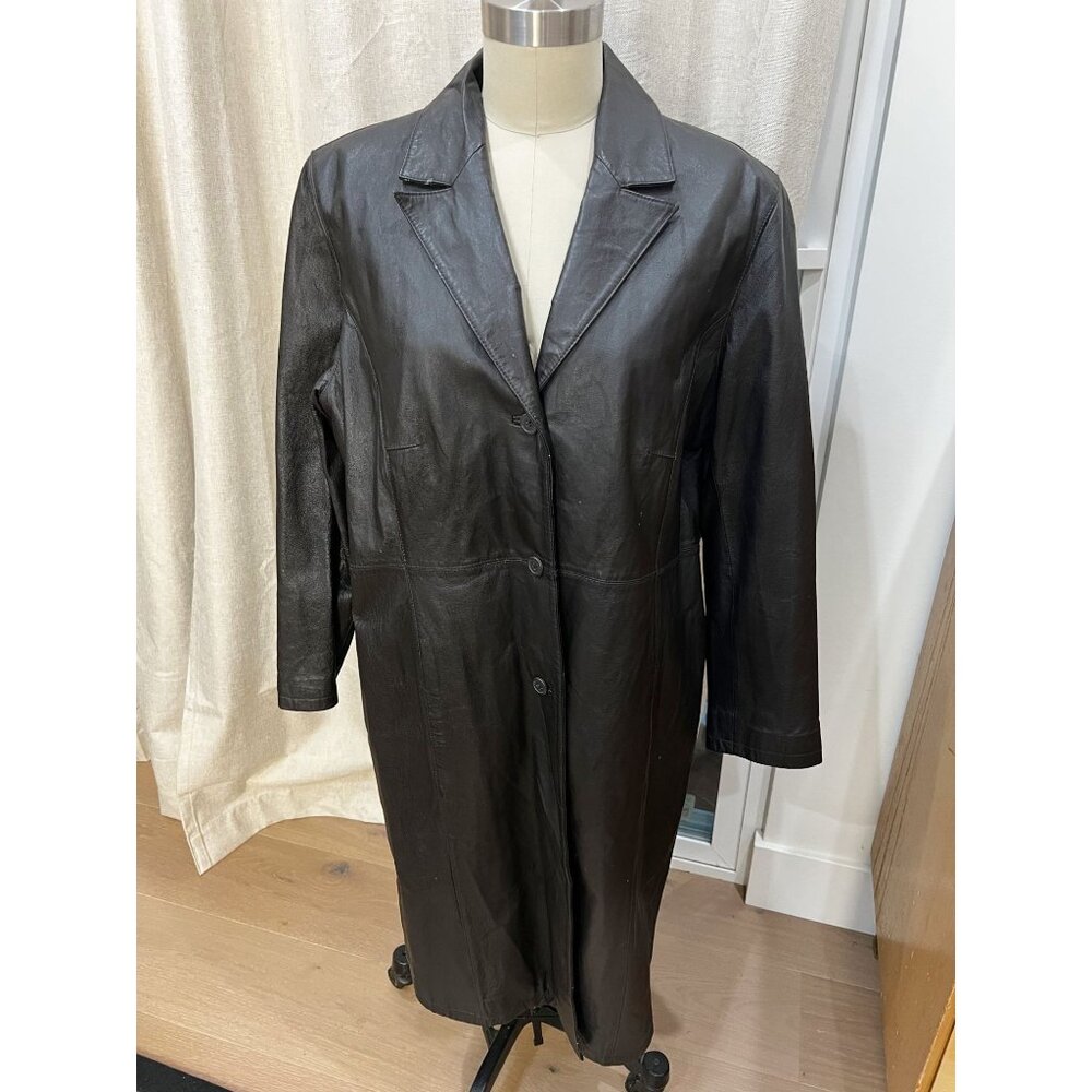 Vintage Y2K Longline Leather Coat Sz 16 Espresso Dark Brown - Picture 2 of 9